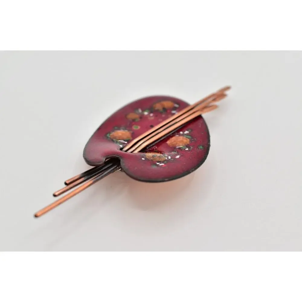 Matisse Renoir Palette Brooch Pin Copper Red Enamel Vintage Signed 1950s BinBG